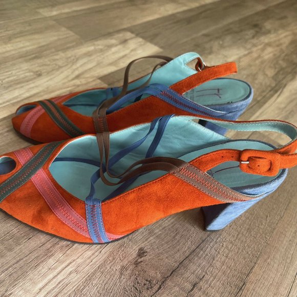 Thierry Rabotin Womens Orange Blue Peep Toe Cone Slingback Heel Sz US 7.5 EUR 38 - Picture 1 of 9